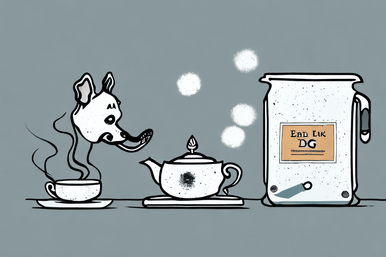 A curious dog sniffing a cup of earl grey tea placed on a low table
