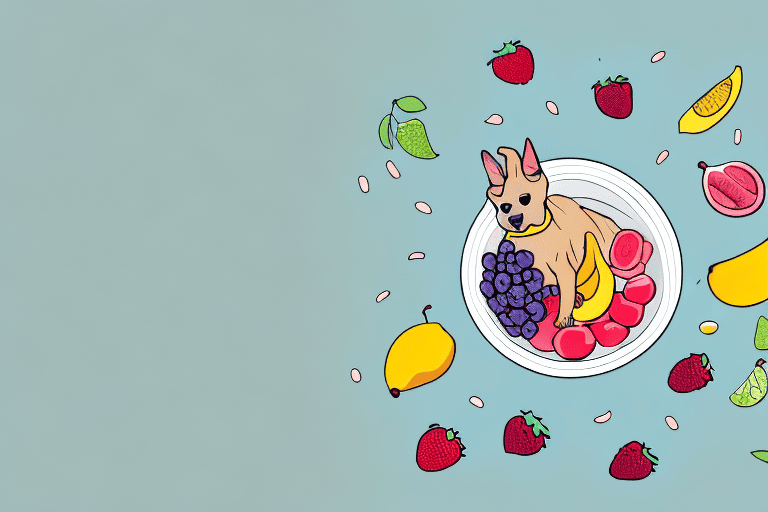 A dog looking curiously at a bowl filled with various fruits and a separate small pile of fruit pectin
