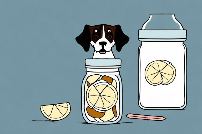 A curious dog sniffing a jar of pickled ginger placed on a table