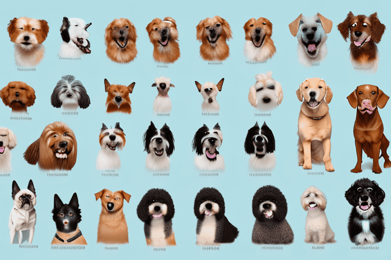 Various dog breeds in different poses and sizes