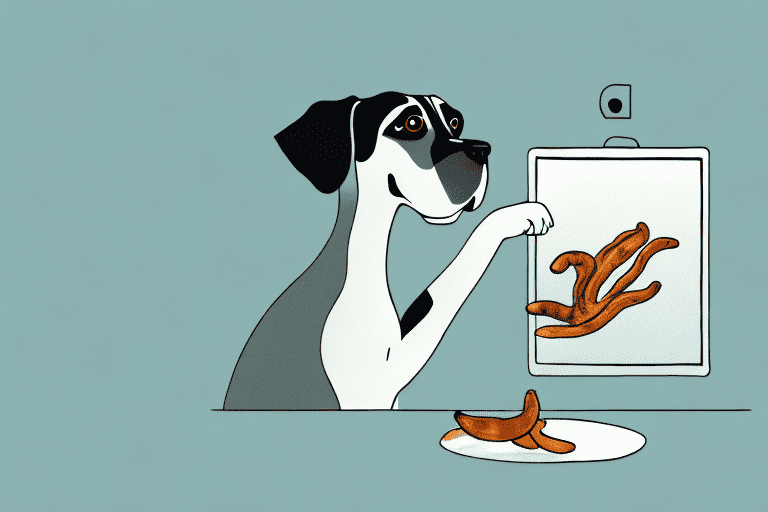 A curious dog sniffing a tamarind pod on a kitchen table