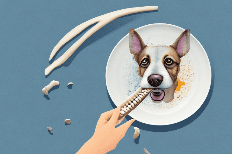 A curious dog looking at a venison bone on a plate