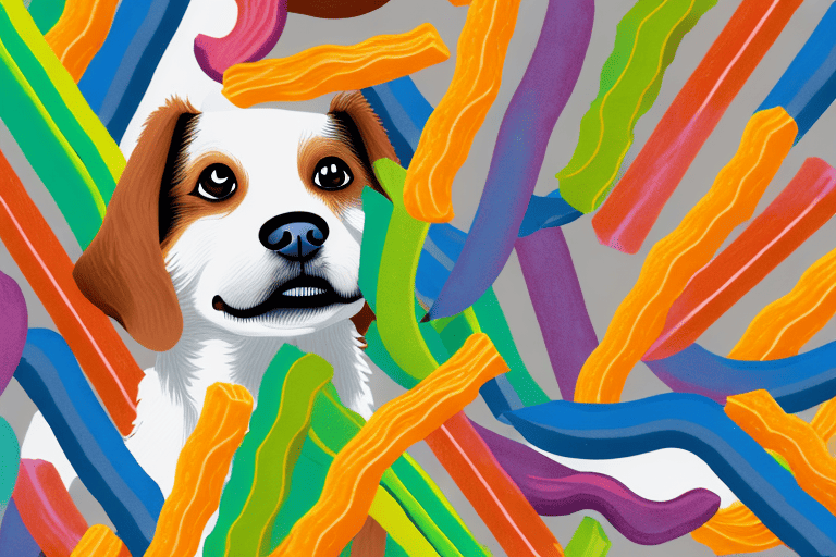 A curious dog sniffing a pile of colorful veggie straws