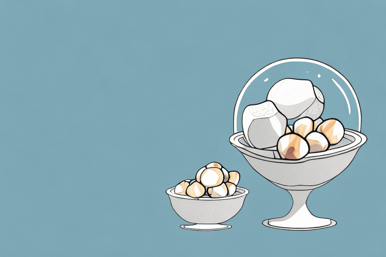 A curious dog looking at a bowl of water chestnuts