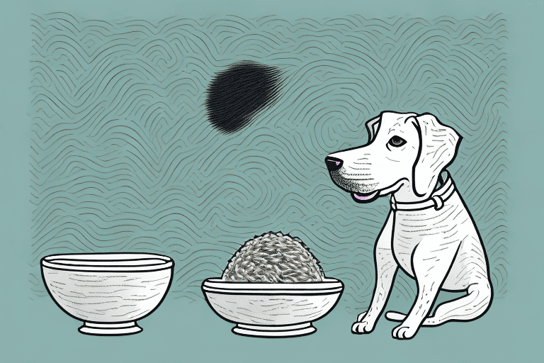 A curious dog looking at a bowl filled with wild rice