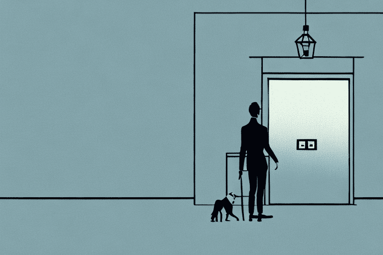 A dog barking at the door with a silhouette of a person (without identifiable facial features or hands) standing outside the door