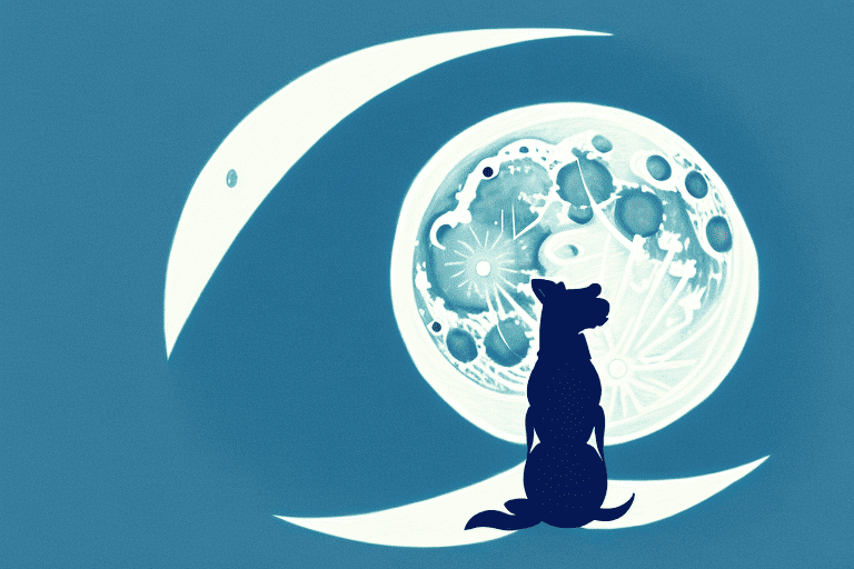 A serene night landscape with a silhouette of a dog barking at the moon