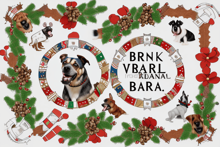 A festive scene featuring various breeds of dogs wearing roman-inspired garlands and wreaths