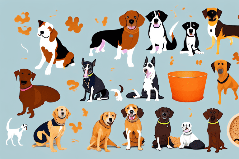 A variety of dogs eagerly gathered around a bark box dog bowl filled with food