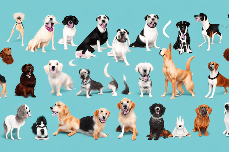 A variety of different breed dogs with humorous