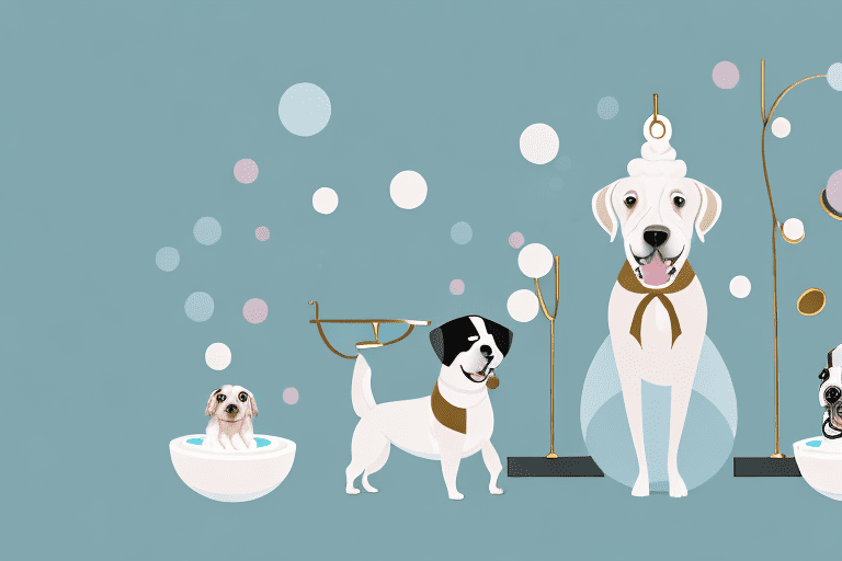 A luxurious dog spa setting with dogs enjoying various pampering services like bubble baths