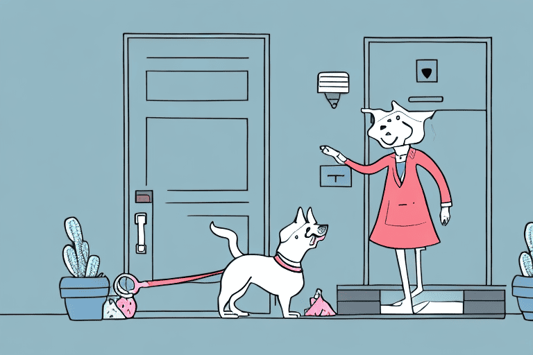 A dog barking at the front door with various dog toys and a leash in the background
