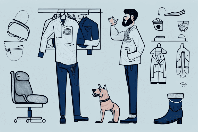A domestic setting where a dog is barking and growling at a man's clothing items