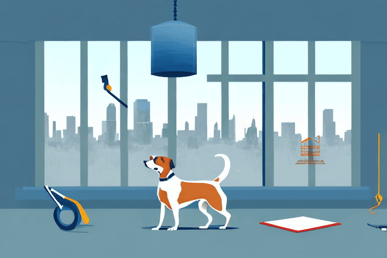A dog undergoing training in a home environment