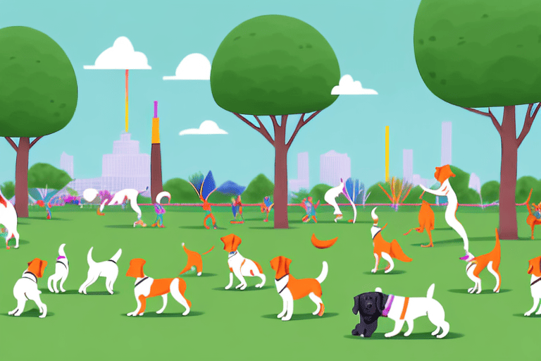 A vibrant and active dog park filled with various breeds of dogs playing with toys
