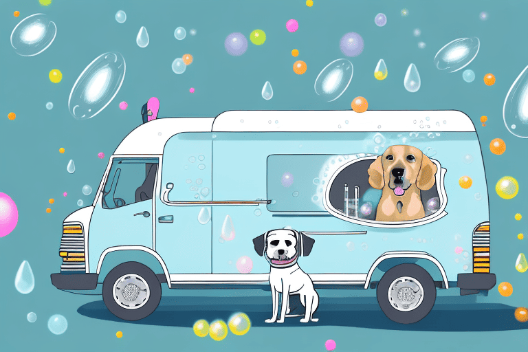 A mobile dog grooming van with a dog happily soaking in bubbles inside