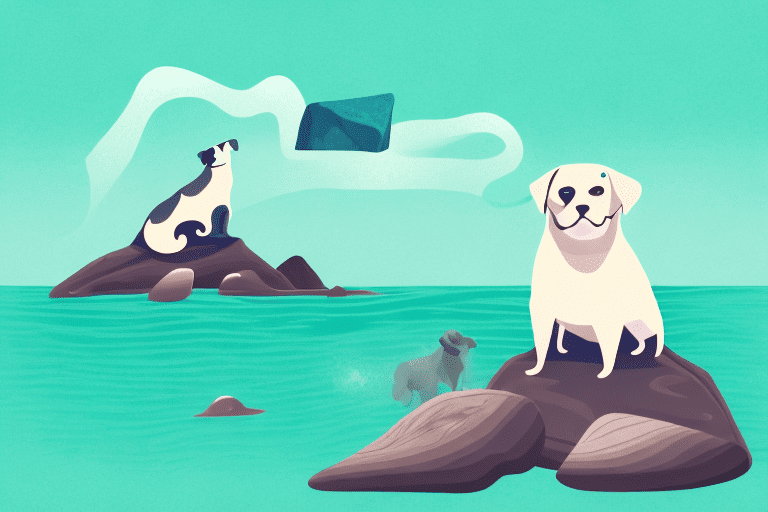 A dog sitting on a rock