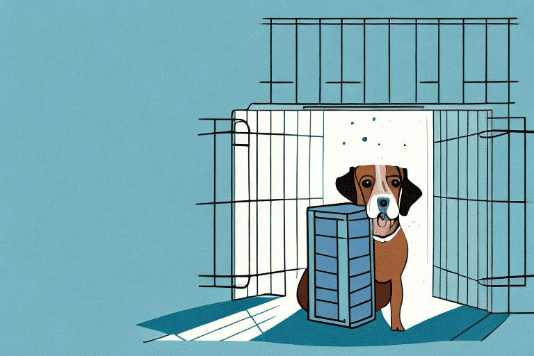 A dog barking inside a crate with morning sunlight streaming in