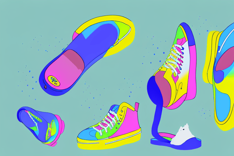 A curious dog barking at a pair of brightly colored crocs shoes