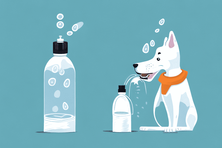 A dog mid-bark being gently sprayed with a water bottle