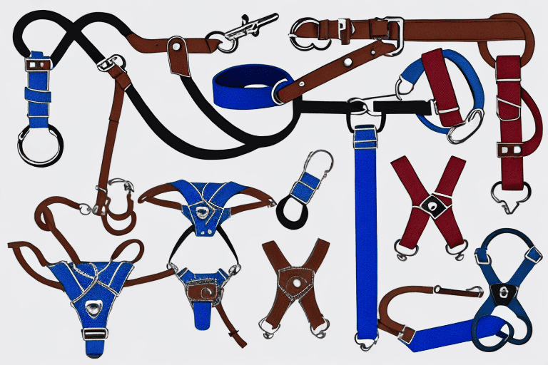 Various types of dog leashes and harnesses