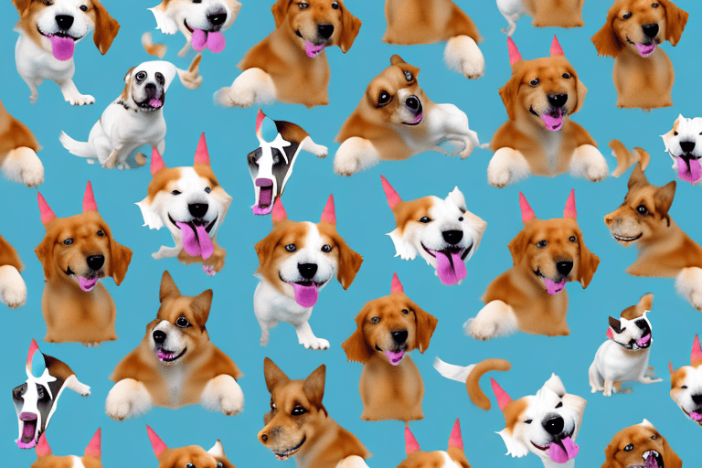 Various breeds of dogs in a playful scene