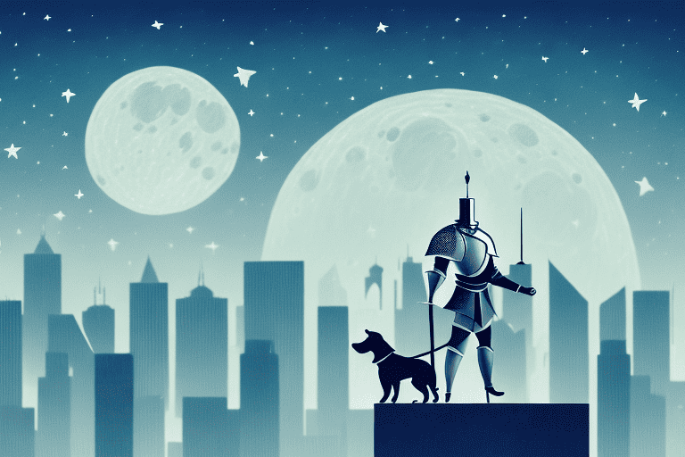 A heroic dog dressed like a knight