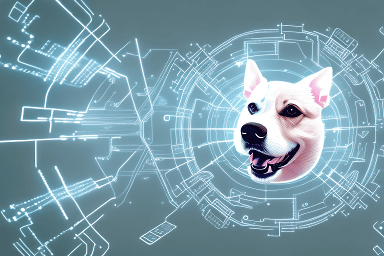 A realistic electronic barking dog surrounded by various electronic components like wires and microchips