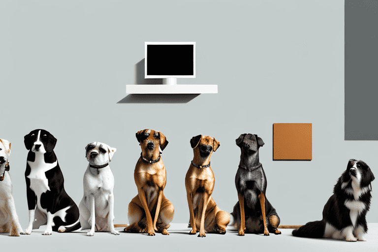 Several different breeds of dogs sitting quietly in a modern