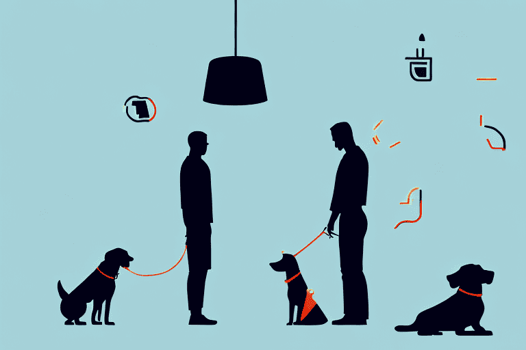 A well-behaved dog sitting calmly on a leash as a shadowy figure passes by