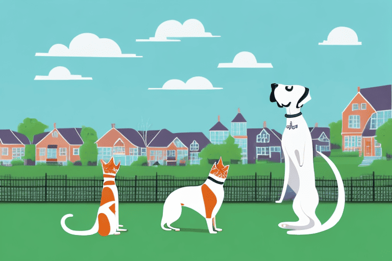 A dog barking at a cat who is nonchalantly sitting on a fence