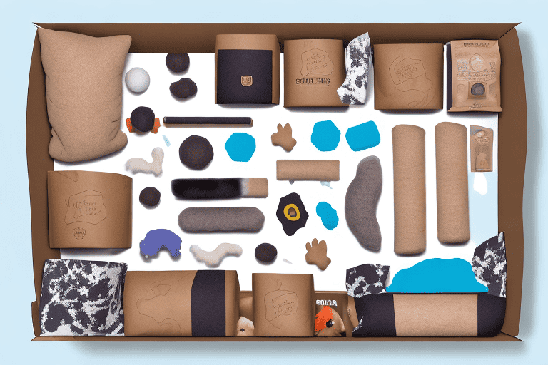 A bark box subscription box overflowing with various dog toys and treats