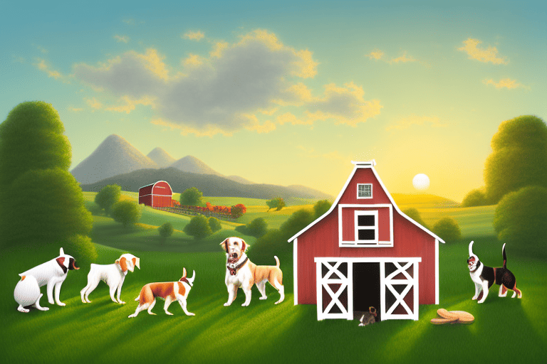 A serene farm scene with various dogs of different breeds and sizes playing happily