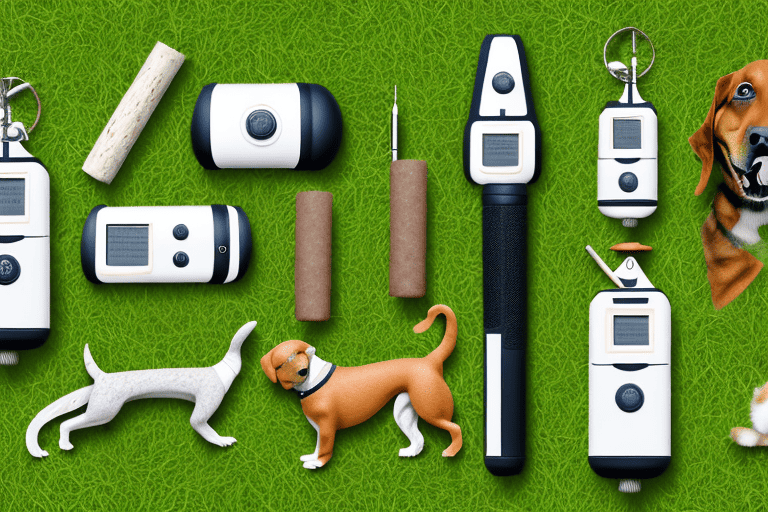 Various types of dog bark recorders arranged on a grassy landscape