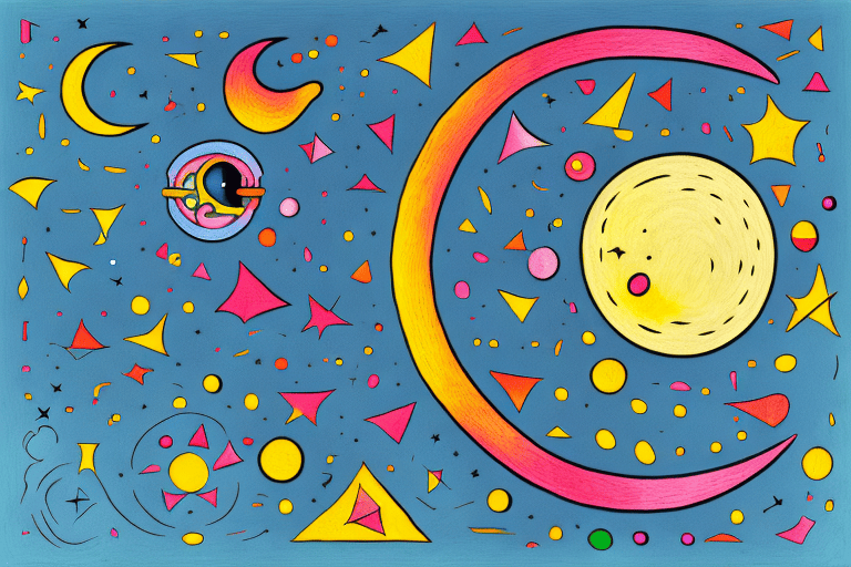 A whimsical night scene with a silhouette of a dog barking at a brightly lit moon