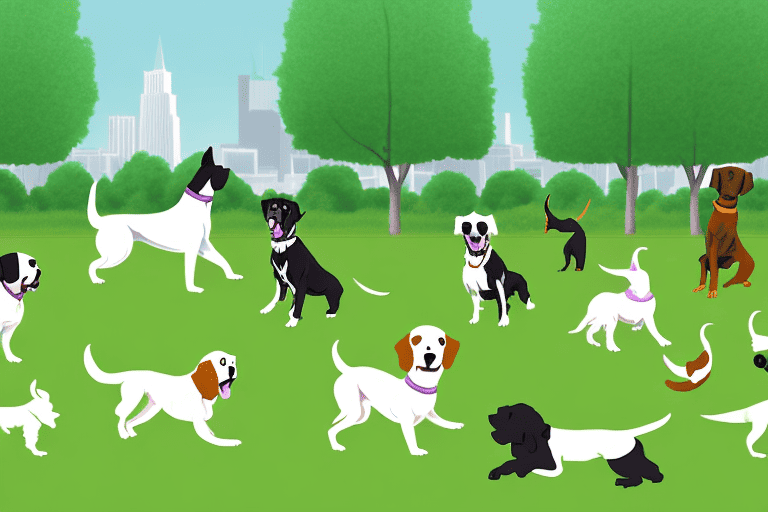 Several diverse breeds of dogs happily playing