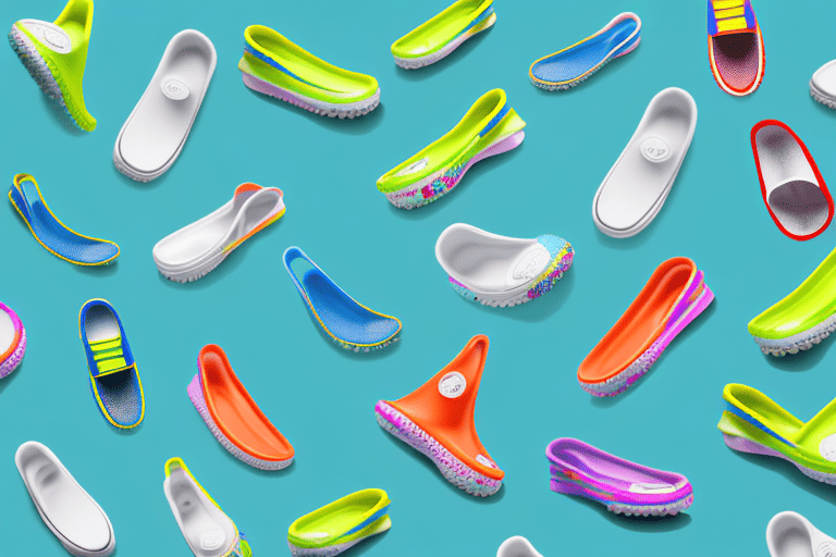Several dogs of different breeds barking at a pair of brightly colored crocs shoes