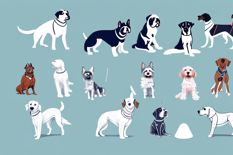 A variety of dogs in different stages of training