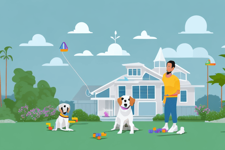 A san diego home with a dog happily playing with training toys in the yard