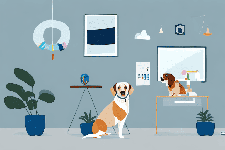 A dog sitting calmly with various noise-distracting toys around