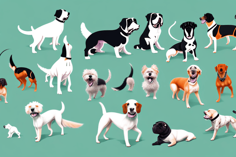 Several different breeds of dogs engaged in various playful activities and barking