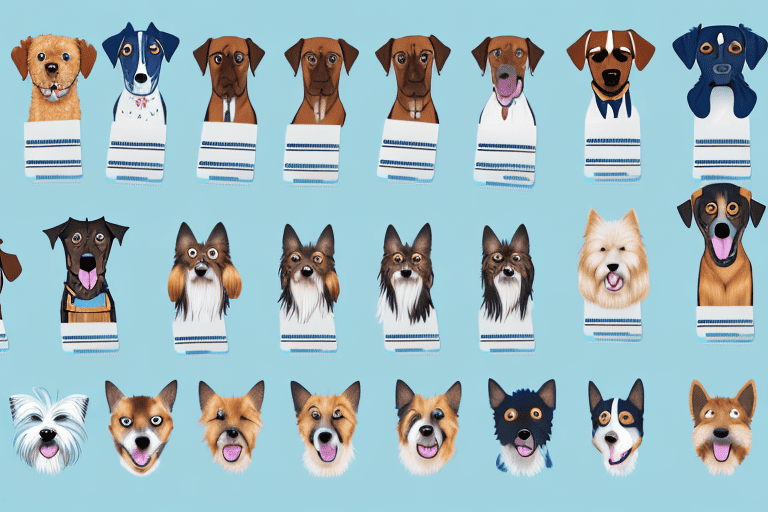 Various dog breeds standing next to different types of registration tags or certificates
