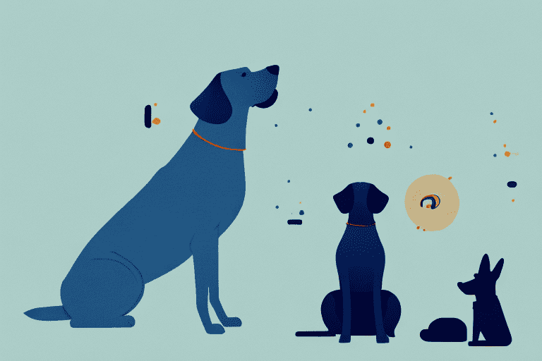 A calm dog sitting obediently while another dog passes by