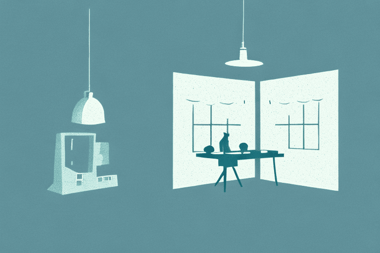 A dimly lit room with a desk