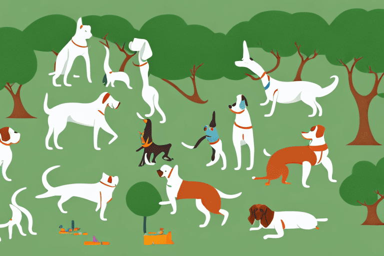 A serene park filled with various dog breeds happily playing with toys