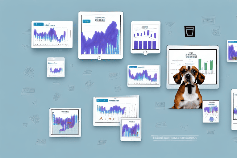Several different breeds of dogs interacting with computer screens and tablets displaying charts and graphs