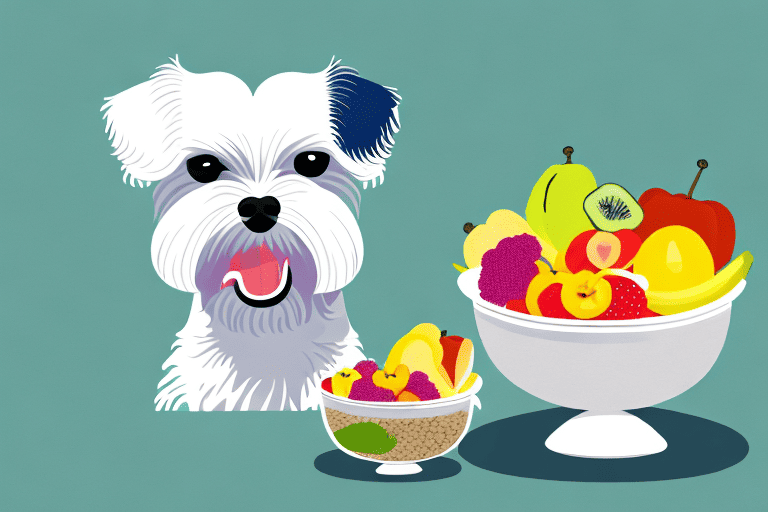 A maltese dog happily eating from a bowl filled with dog-friendly fruits