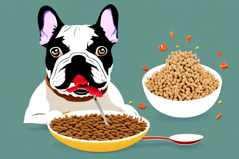 A french bulldog happily eating from a bowl filled with nutritious dog food