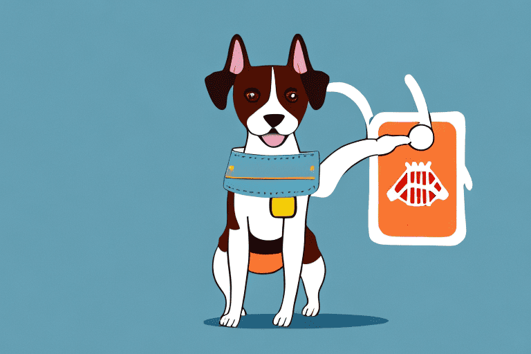 A dog performing a trick with a price tag attached to its collar
