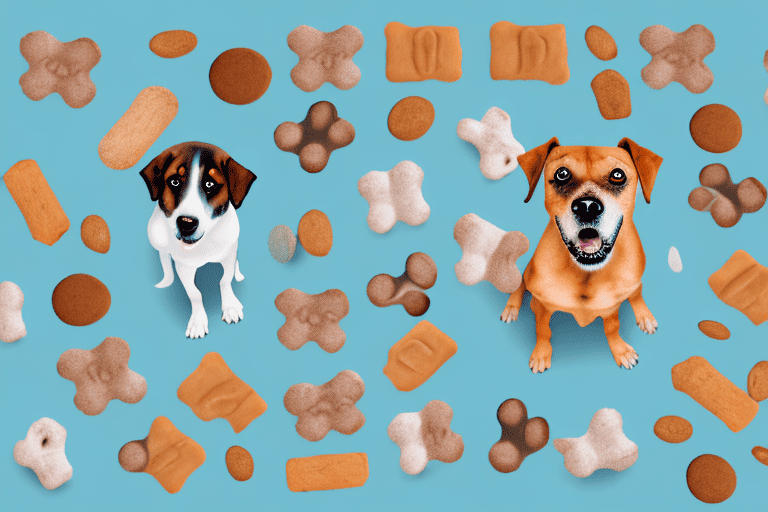 A dog surrounded by a variety of dog treats